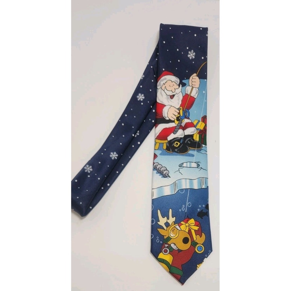 Noel‎ Holiday Christmas Men Neck Tie, Santa Ice Fishing, Reindeer Snowflakes